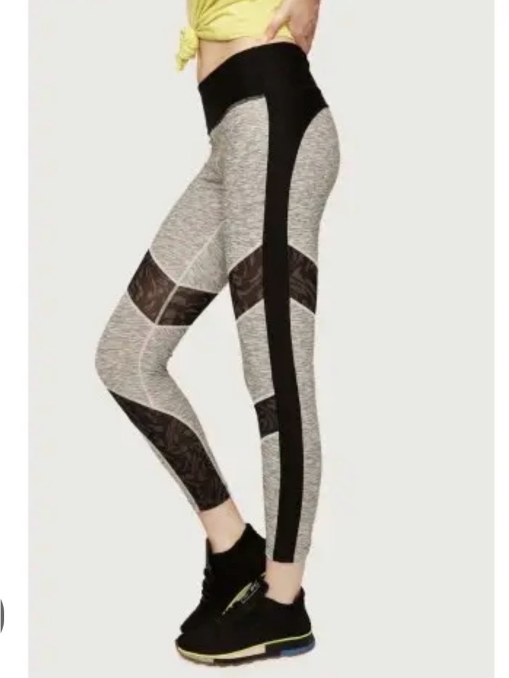 High-Waist Grey & Black Mesh Panel Leggings/ Yoga Pants